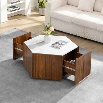 Merax Rustic Retro Coffee Table with 2 Hidden Drawers, Hexagonal Wooden Living Room Table with Textured White Marble Tops, Walunt Oak Finish
