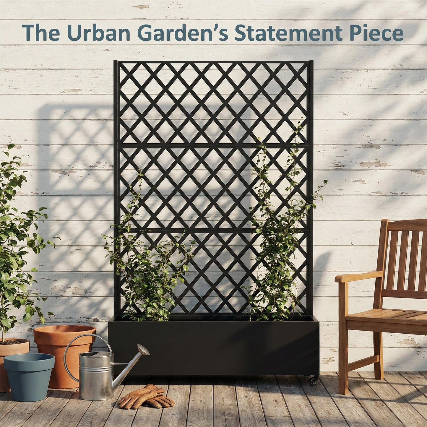 Metal Planter Box with Trellis on Wheels – Large Raised Garden Bed with Privacy Screen & Drainage Holes for Climbing Plants, Vegetables & Vines, Proof Rolling Flower Box for Patio Balcony Backyard