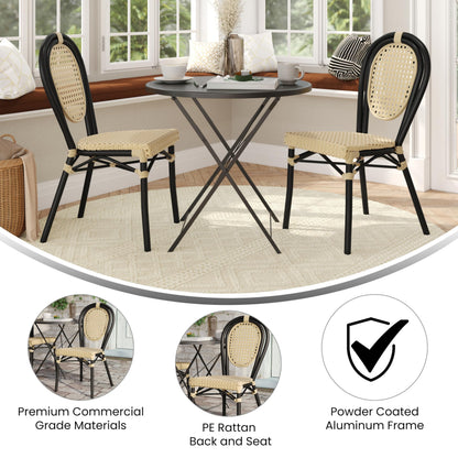 Flash Furniture Cannes Indoor/Outdoor Commercial Thonet Bistro Stack Chair - Natural PE Cane Rattan Back and Seat - Black Metal Frame - Set of 2