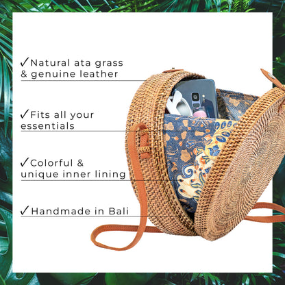 Novum Crafts Round Rattan Bag for Women - Handmade Ata Wicker Woven Purse - Circle, Square, Oval Brown Straw Boho Bags