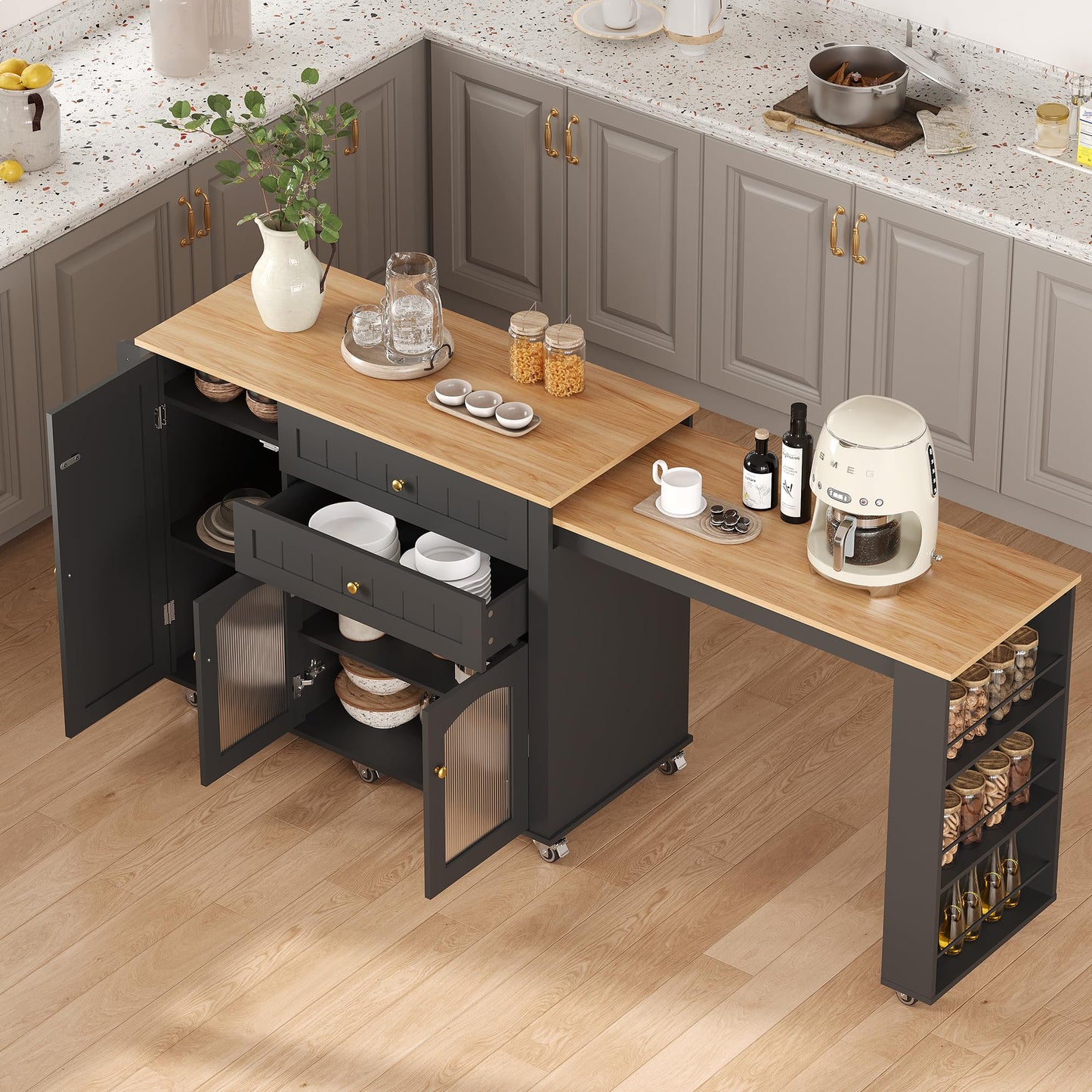 78.3” Rolling Kitchen Island with Extendable Table, Storage Cabinet, Drawers & Shelves, White Modern Mobile Island Cart on Wheels, Farmhouse Wood Island Table for Kitchen, Dining Room, Home Bar