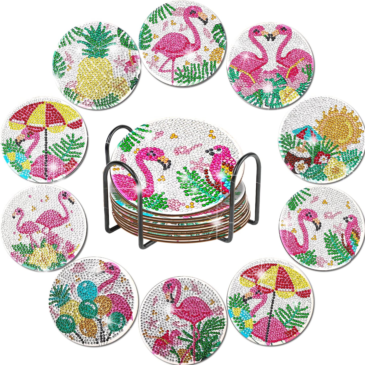YLOLUL 10 Pc Flamingo Coasters Kit with Holder - Beginner & Kid Friendly Art Craft Gifts
