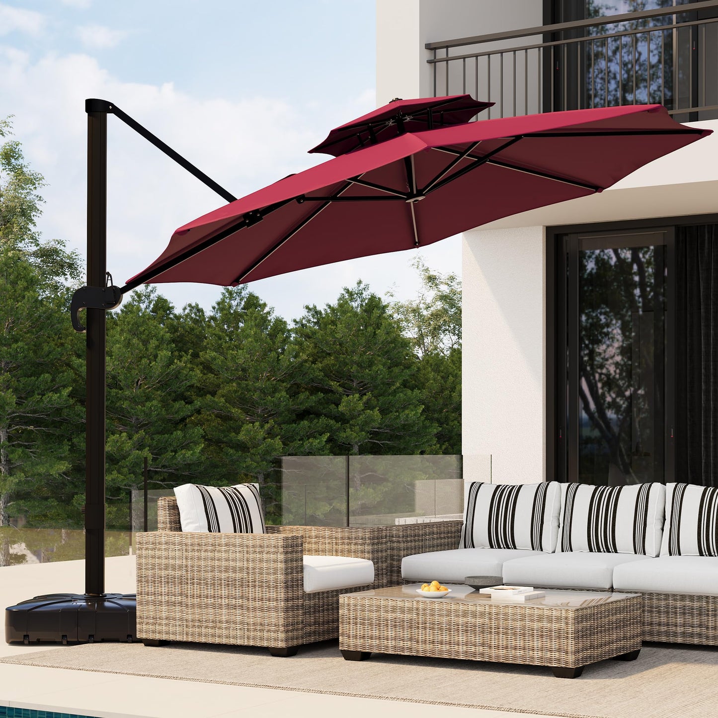 10x10 ft Round Outdoor Umbrella, Cantilever Patio Umbrella with 360° Rotation & Adjustable Height, Heavy Duty Aluminum Umbrella Outdoor Patio for Garden Poolside,Burgundy Red (Base Not Included)