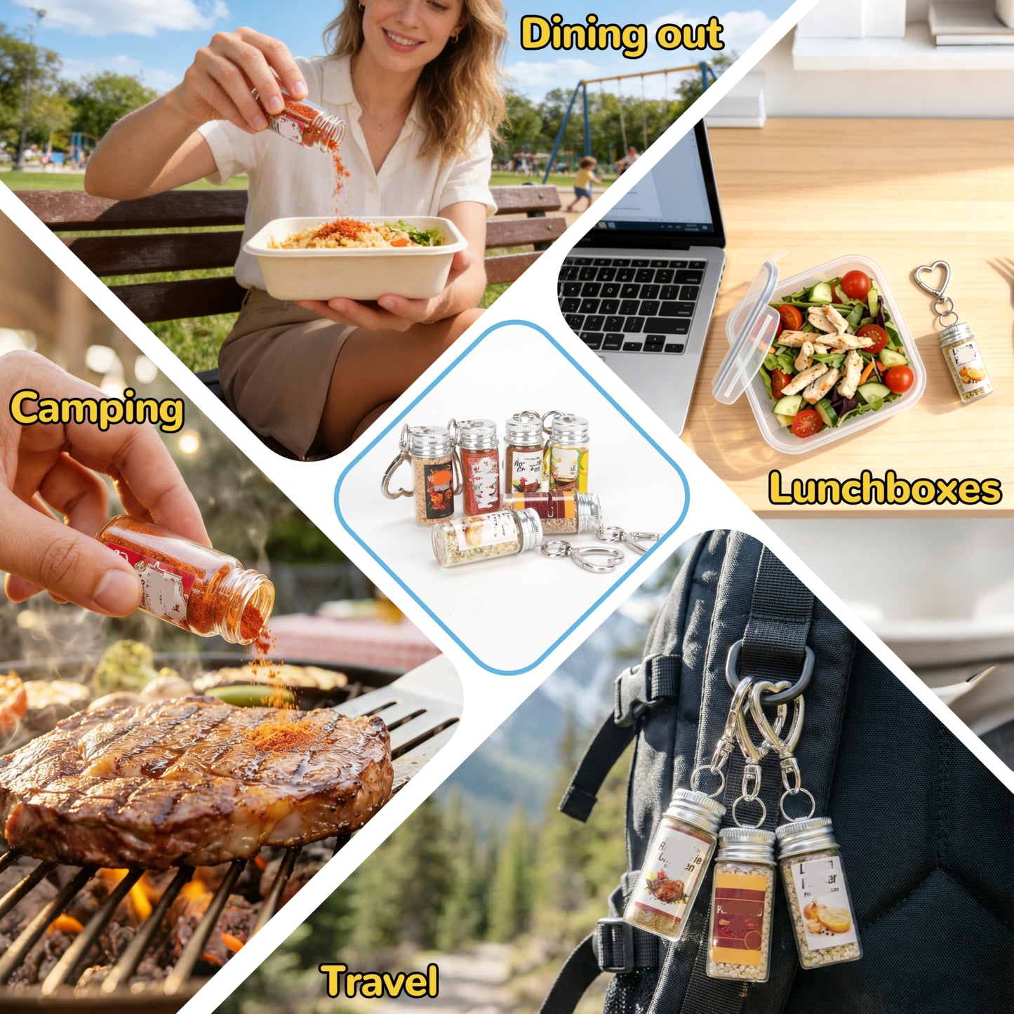 FANTOVO Mini Seasoning Keychain Bottle Set, 6 Pcs Empty Spice Jar with Mini Funnels & DIY Stickers of 30 Styles, On-the-Go Airtight Keychain Holders for Travel, Outdoors, Lunchboxes, Camping, 6+2+4 Total.
