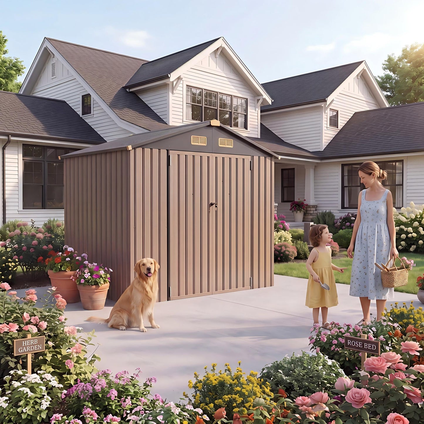 IRONCK 6×8 FT Shed, Galvanized Steel Tool Storage Shed with Lockable Double Doors & Ventilation, Outdoor Utility Storage for Wheelbarrow, Bikes, Yard Bins, Black Brown