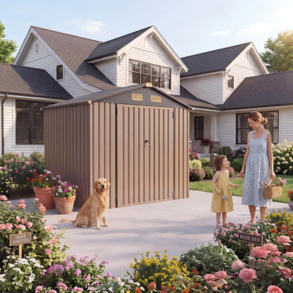 IRONCK 6×8 FT Shed, Galvanized Steel Tool Storage Shed with Lockable Double Doors & Ventilation, Outdoor Utility Storage for Wheelbarrow, Bikes, Yard Bins, Black Brown