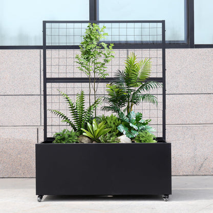 Metal Rolling Planter Box with Lattice Trellis – Modern COR-Ten Steel Trough on Casters | 66” x 46” x 21” (Black)