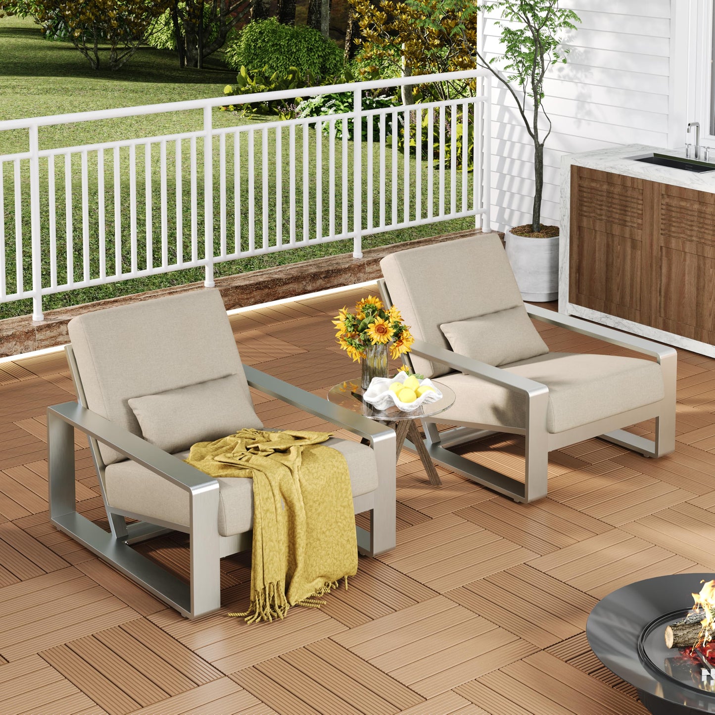 Christopher Knight Home Aspen Aluminum Outdoor Club Chair Set of 2, Lounge Chair Outdoor with Cushions, Indoor Metal Accent Chair, Tilt Backrest Recliner for Backyard, Garden, Balcony, Silver+Beige