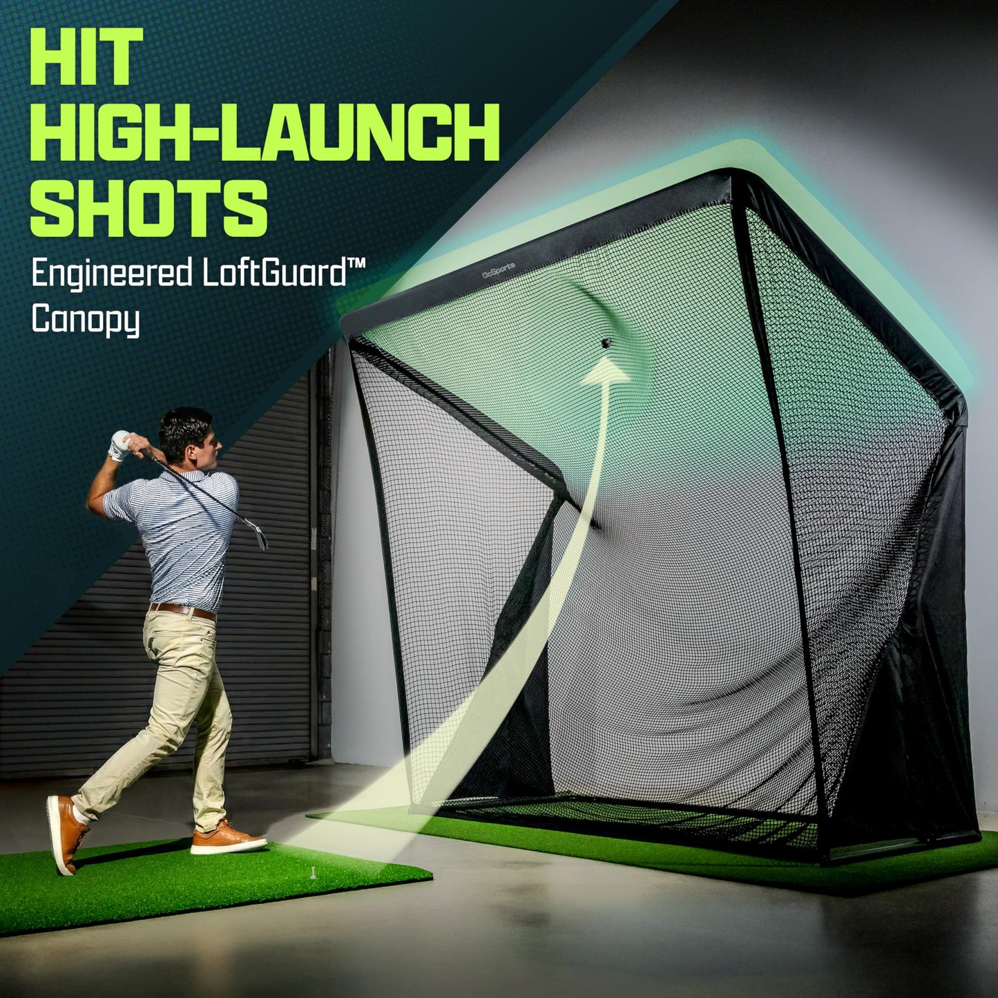 GoSports 8 x 8 ft Elite Golf Net with LoftGuard Canopy and Steel Frame - Indoor & Outdoor Practice Golf Hitting Net