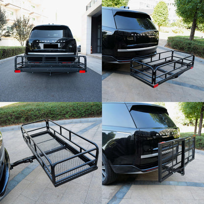 fouwick 60" x 24" x 13" Hitch Cargo Carrier, 600 Lbs Heavy Duty Folding Luggage Rack for SUV & Truck, Steel Mesh Cargo Carrier Hitch Mount Fits 2" Receiver，with 57x22x13 Waterproof Bag
