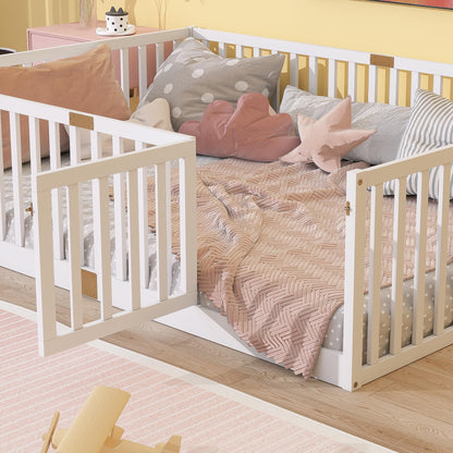KEIKI Full Floor Bed with 21.5" Safety Guardrails & Door, Kids Floor Bed Frame with 6 Slats, Solid Wood Montessori Bed for Toddler Bedroom, White
