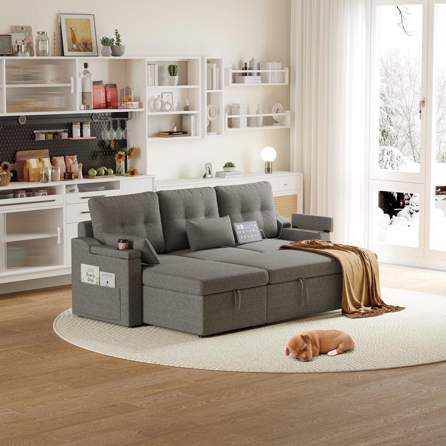 IDEALHOUSE Sofa Bed, L-Shaped Sectional Sleeper Sofa with Storage, Pull-Out Bed, Reversible Chaise, USB-C Ports, Washable Covers, Space-Saving Compact Design, Grey
