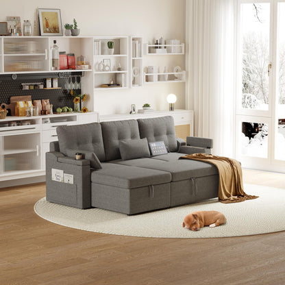 IDEALHOUSE Sofa Bed, L-Shaped Sectional Sleeper Sofa with Storage, Pull-Out Bed, Reversible Chaise, USB-C Ports, Washable Covers, Space-Saving Compact Design, Grey