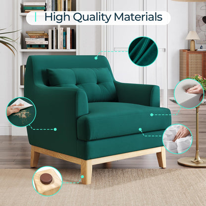 LINSY Large Accent Chair Set of 2, Velvet Reading Chair with Rubberwood Base, Armchair with Lumbar Pillow, Cozy Single Sofa Chair for Reading Room Apartment Living Room Bedroom Office, Green
