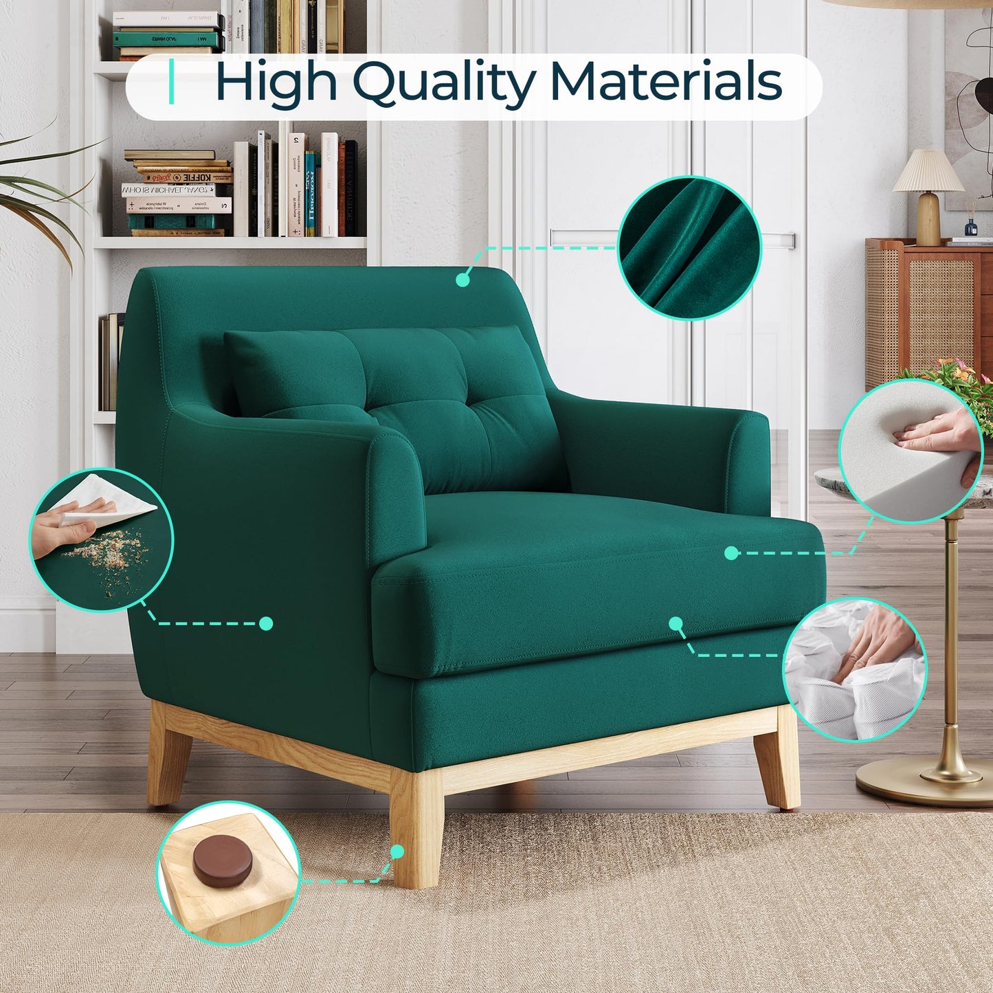 LINSY Accent Lounge Chair, Large Velvet Reading Chair with Wood Base and Lumbar Pillow, Mid Century Modern Armchair Cozy Single Sofa for Reading Room Living Room Bedroom Apartment Office, Green