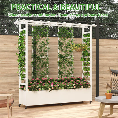 Sunnibety Raised Garden Bed with Trellis & Hanging Roof, Weatherproof Metal Planter Box with Wheels, Garden Arch Trellis for Outdoor Climbing Plants Vines Flowers, 74" H x 77" L x 17" W, White