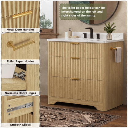 IRONCK 36 inch Bathroom Vanity with Ceramic Sink, Freestanding Wood Grain Sink Cabinet with 3 Storage Drawers (2 Standard + 1 Flip-Down), Farmhouse