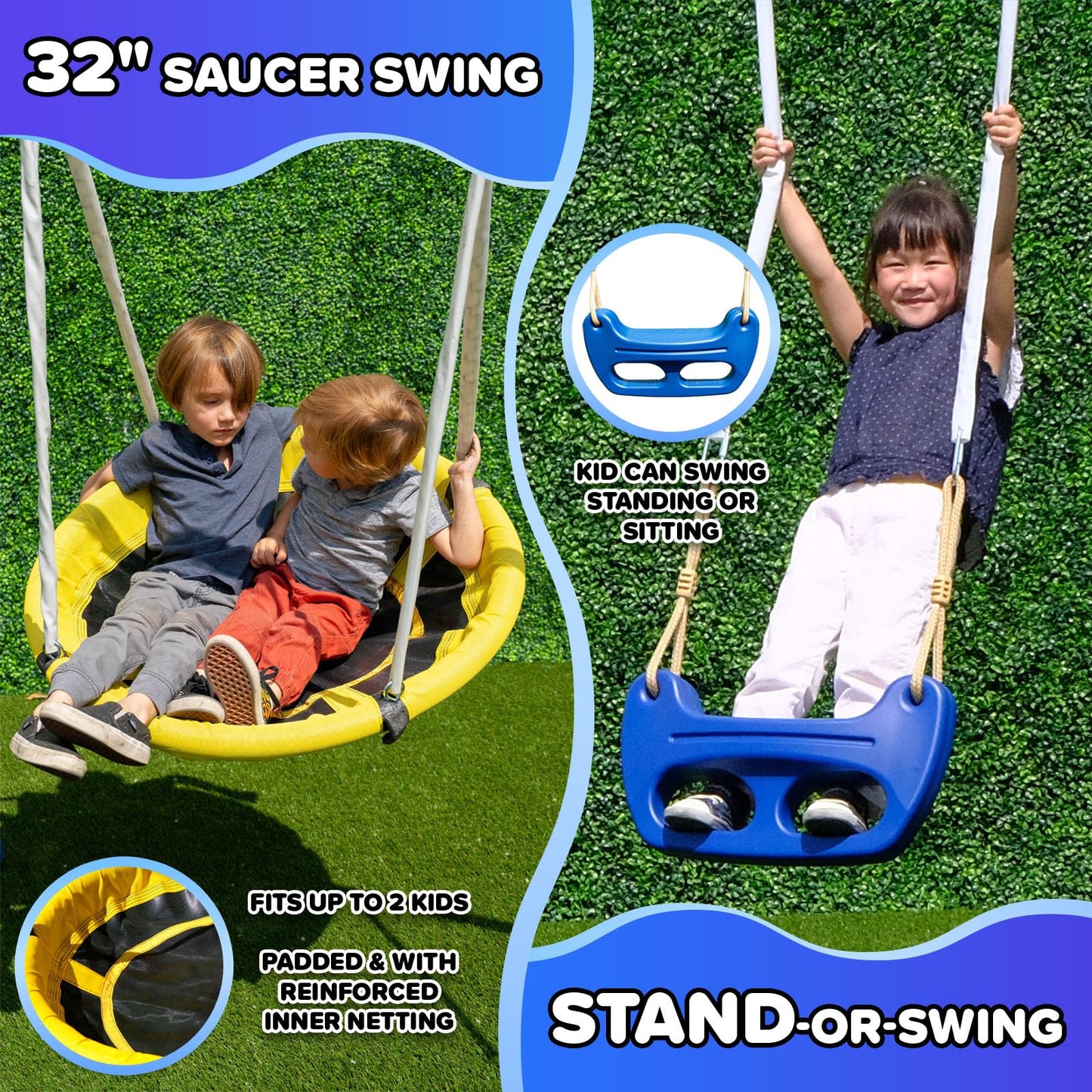Sportspower Fairbrook Backyard Metal Swing Set for Kids, 500 lb Capacity — Saucer, Standing Swing, Blow-Molded Swing, 5ft Slide, Anchor Kit — Ages 3–8, 11.5' L x 7.5' W x 6.1' H