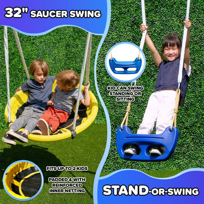 Sportspower Fairbrook Backyard Metal Swing Set for Kids, 500 lb Capacity — Saucer, Standing Swing, Blow-Molded Swing, 5ft Slide, Anchor Kit — Ages 3–8, 11.5' L x 7.5' W x 6.1' H