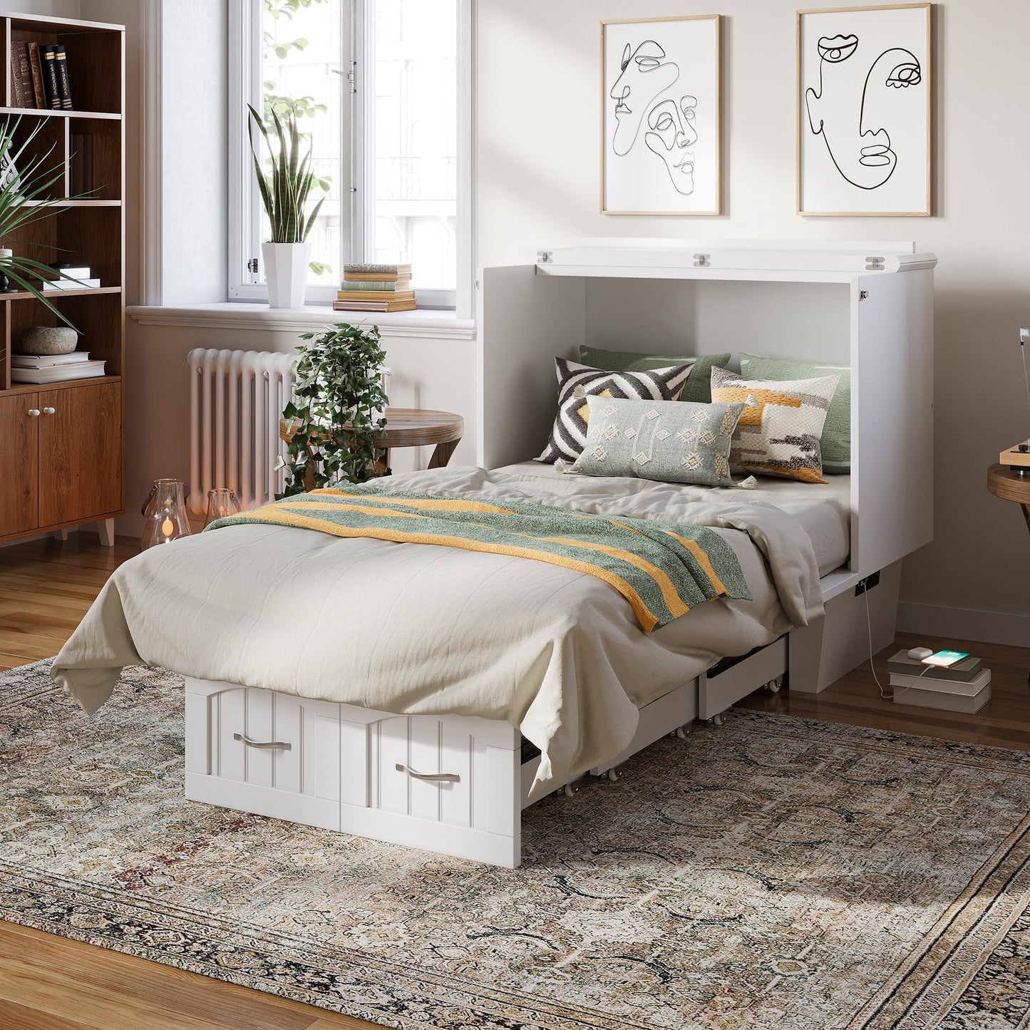 AFI, Sydney Twin Wood Murphy Bed Chest with 6" Mattress, Storage Drawer & Built-in USB Charger, White