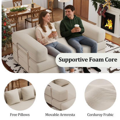 BSHOMGI Folding Sofa Bed, 4 in 1 Convertible Sofas to Lounger Comfy Floor Portable Foldable Sleeper Lazy Futon Couch Chair for Bedroom, Living Room (Beige, 59” 2 Seat)