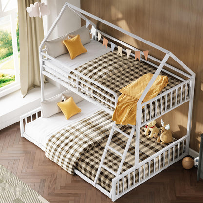 LIKIMIO Bunk Bed Twin Over Full Size, House Bunk Bed Frame with Ladder and Guardrail, House Shaped with Metal Slats Support No Box Spring Needed Space Saving for Bedroom and Dorm, White