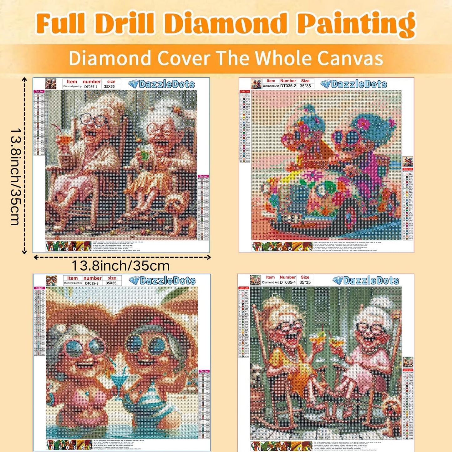 DAZZLEDOTS Diamond Art Kits for Adults, 4 Pack Grandmas Diamond Painting Kits for Beginners DIY 5D Full Round Drill Diamond Dots Gem Art Crystal for Home Wall Decor Gifts 14x14 Inch