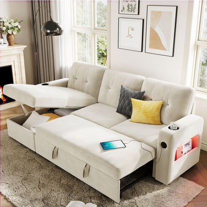 GarveeHome 84 Inch Sleeper Sofa Couch, L-Shaped Couches, Convertible Pull Out Sofa Bed with Storage, Charging Station, Led Lights, Modern Sectional Sofas for Living Room, Apartment, Velvet, Beige