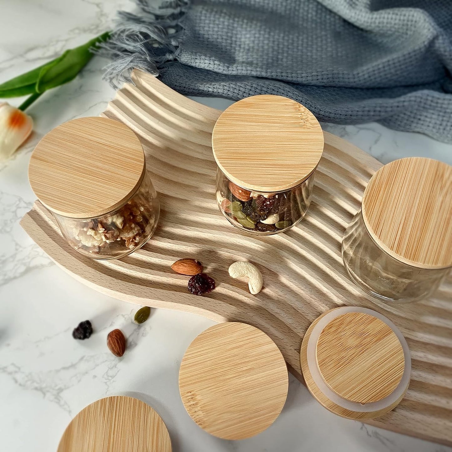 24 5 oz Oui Yogurt Jar Lids - Pcs Oui Lids - Made of Natural Bamboo Wood, with Silicone Sealing Ring and Oui Yogurt Jar