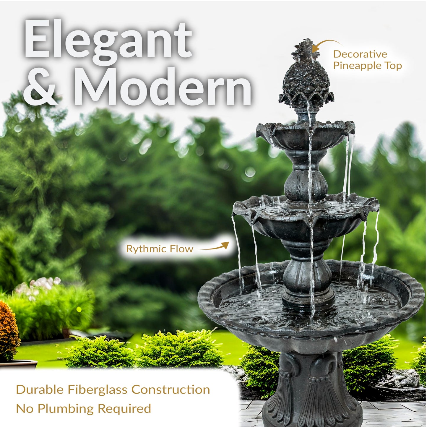Sunnydaze 57" H Welcome 3-Tier Water Fountain - Large Electric Water Fountain with Pineapple Topper for Garden, Patio or Yard - Deep Espresso