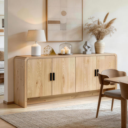 Finnhomy 68'' Sideboard Buffet Cabinet with Storage, Curved Design Credenza Storage Cabinet with 4 Doors, Console Cabinet for Kitchen, Living Room & Hallway, Natural