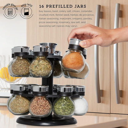16 Countertop Kamenstein Ellington Jar Revolving Spice Rack with Prefilled Spices - Rotating Chrome and Plastic