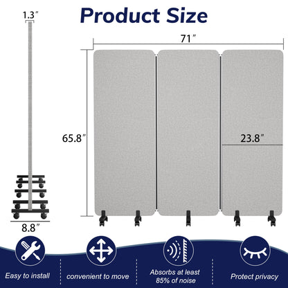 KERRAM 3 Panel Foldable Office Partitions, Mobile Cubicle Wall with Wheels, 71 x 66 Inch Noise Cancelling & Sound Proof Room Dividers Partition Wall, Aluminum Frame Gray