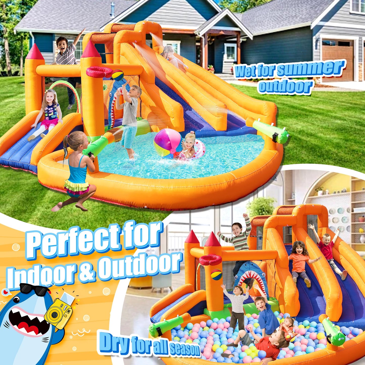 Inflatable Bounce House, Triple Water Slide for Kids with Double Cannon, Climbing Wall, Jumping, Splash Pool, Basketball Hoop for Outdoor Backyard Party, 10 in 1 Giant Castle Included 550W Air Blower