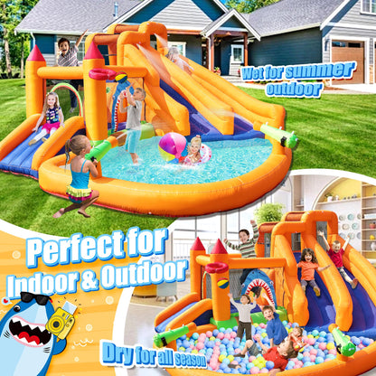 Inflatable Bounce House, Triple Water Slide for Kids with Double Cannon, Climbing Wall, Jumping, Splash Pool, Basketball Hoop for Outdoor Backyard Party, 10 in 1 Giant Castle Included 550W Air Blower