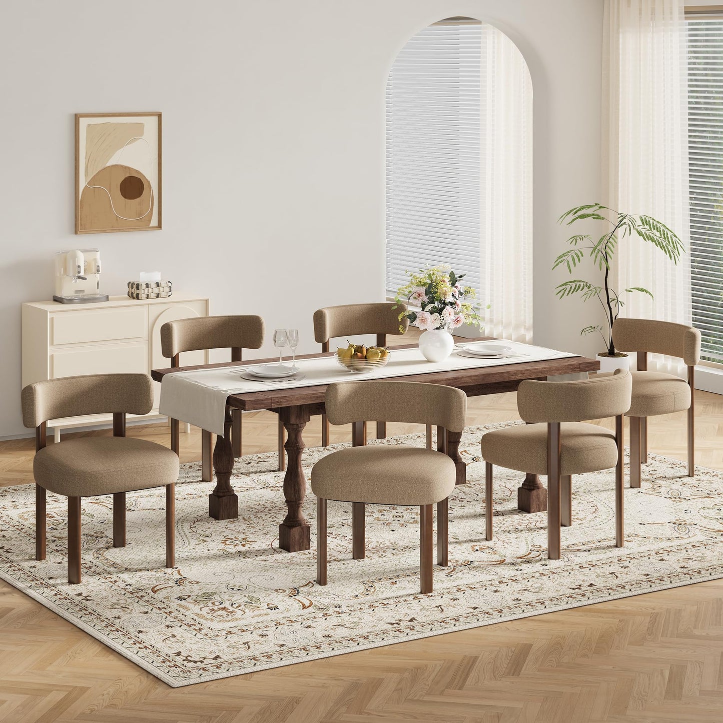smartue Wooden Dining Chairs Set of 6, Upholstered Kitchen Chairs with Solid Wood Legs, Mid Century Dining Room Chair with Ergonomic Curved Backrest for Kitchen Dining Vanity, Camel