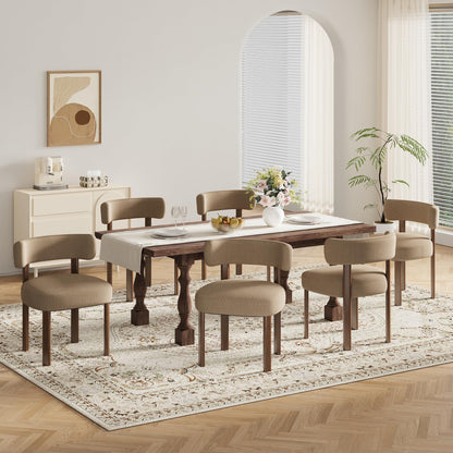 smartue Wooden Dining Chairs Set of 6, Upholstered Kitchen Chairs with Solid Wood Legs, Mid Century Dining Room Chair with Ergonomic Curved Backrest for Kitchen Dining Vanity, Camel