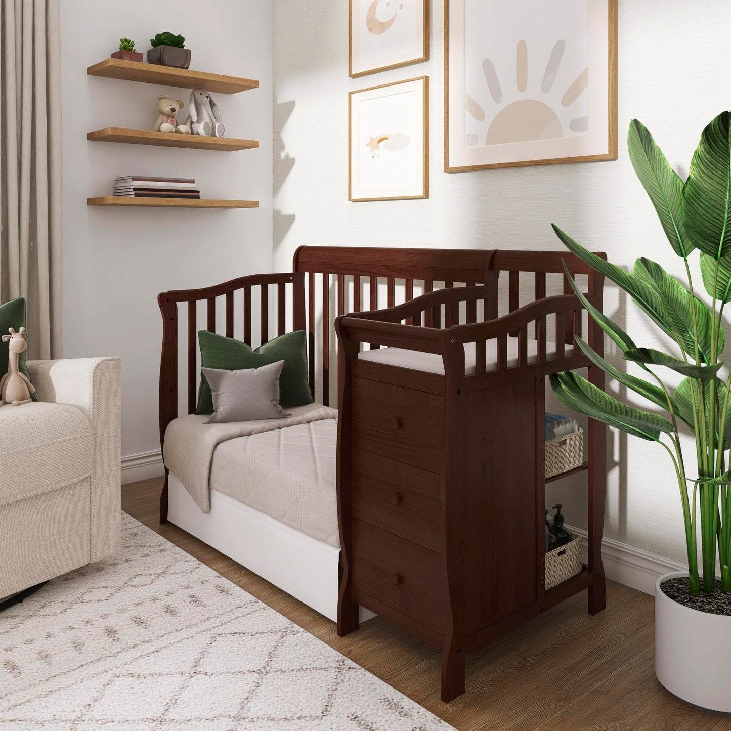 Dream On Me Jayden 4‑in‑1 Mini Convertible Baby Crib & Changer with Storage in Espresso, Pinewood, GreenGuard Gold & BSA, 1” Mattress Pad, 3 Mattress Heights, Converts to Mini Day & Twin-Size Bed