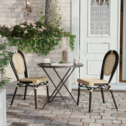 Flash Furniture Cannes Indoor/Outdoor Commercial Thonet Bistro Stack Chair - Natural PE Cane Rattan Back and Seat - Black Metal Frame - Set of 2