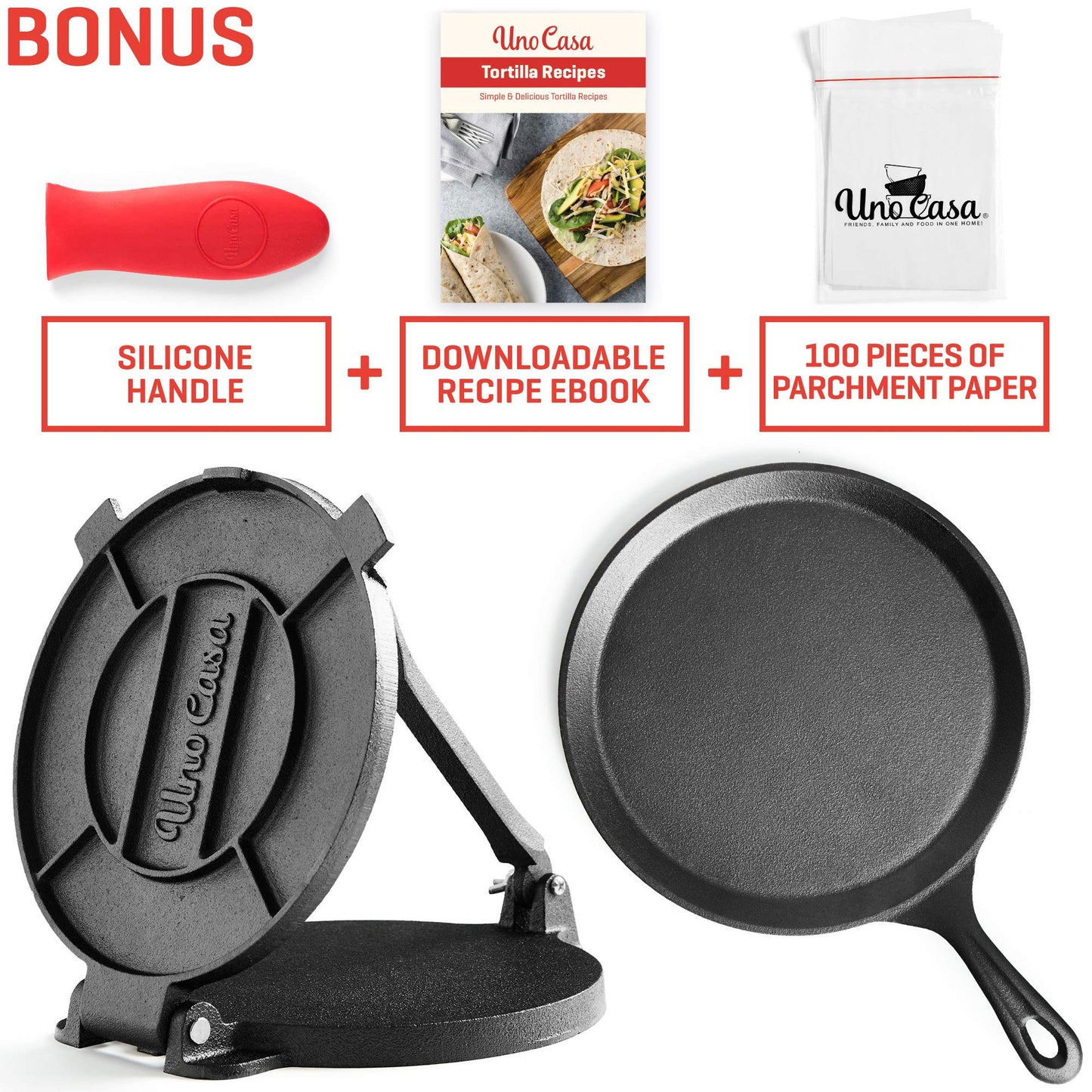 Uno Casa Cast Iron Tortilla Press 8 Inch - Bundle of Skillet for Roti / Comal Pan, Tawa / Dosa Pan Pataconera, Comales para Tortillas