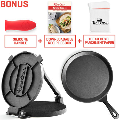 Uno Casa Cast Iron Tortilla Press 8 Inch - Bundle of Skillet for Roti / Comal Pan, Tawa / Dosa Pan Pataconera, Comales para Tortillas