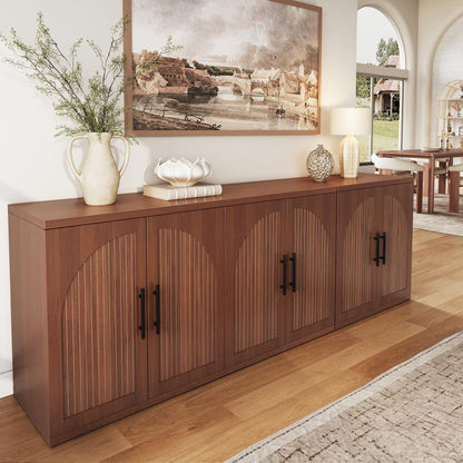 MapleGrace 63" Fluted Buffet Cabinet with Storage, Mid-Century Symmetrical Arched Sideboard Credenza with Adjustable Shelf, Large Wood Console Table for Dining Room, Kitchen, and Living Room (Walnut)