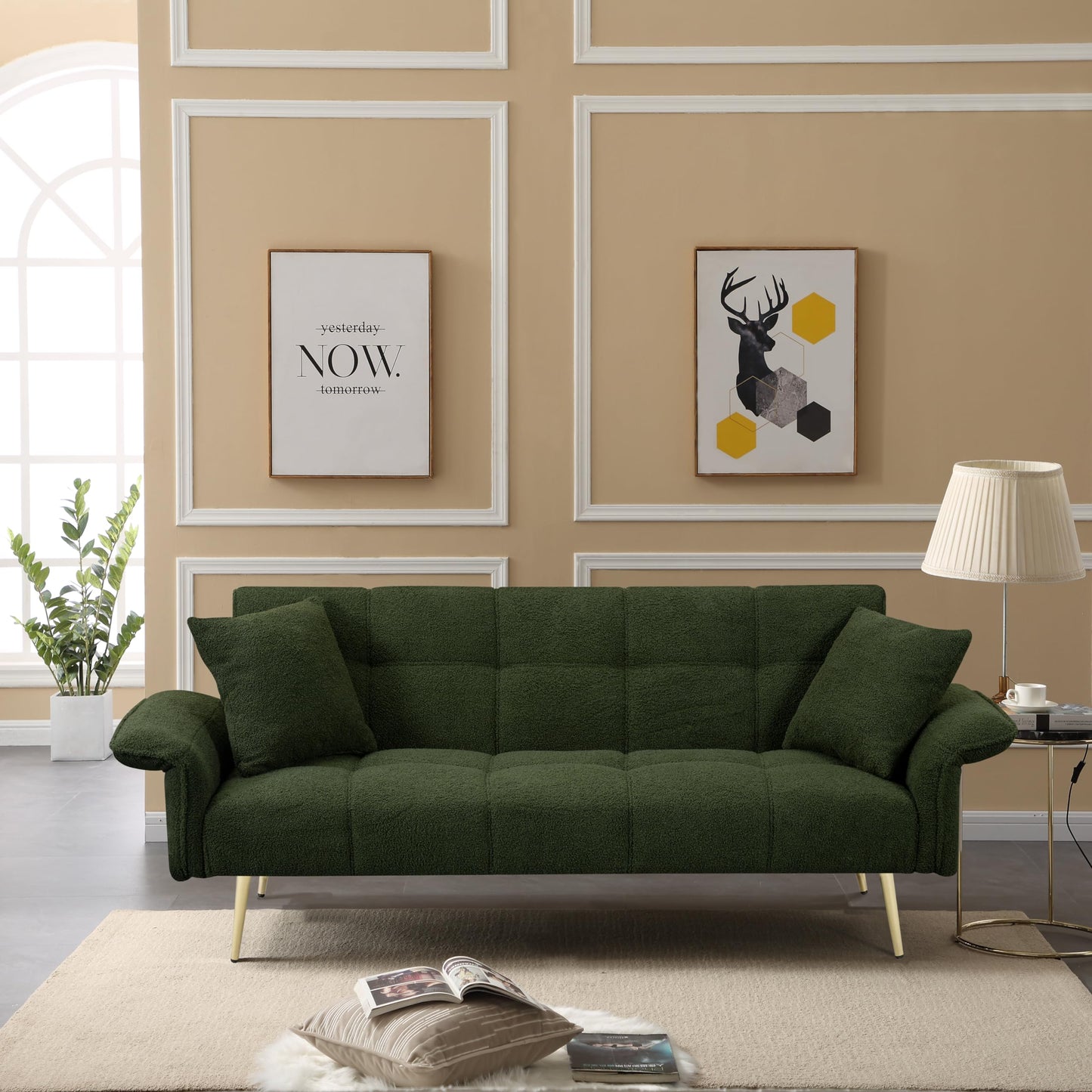 KEIKI Upholstered Loveseat Sofa, 70" Convertible Futon Sofa Bed with Adjustable Arms and Backrest, Removable Pillow Cover, Comfy Cushion, Teddy Fleece Love Seat Couches for Bedroom, Apartment, Green