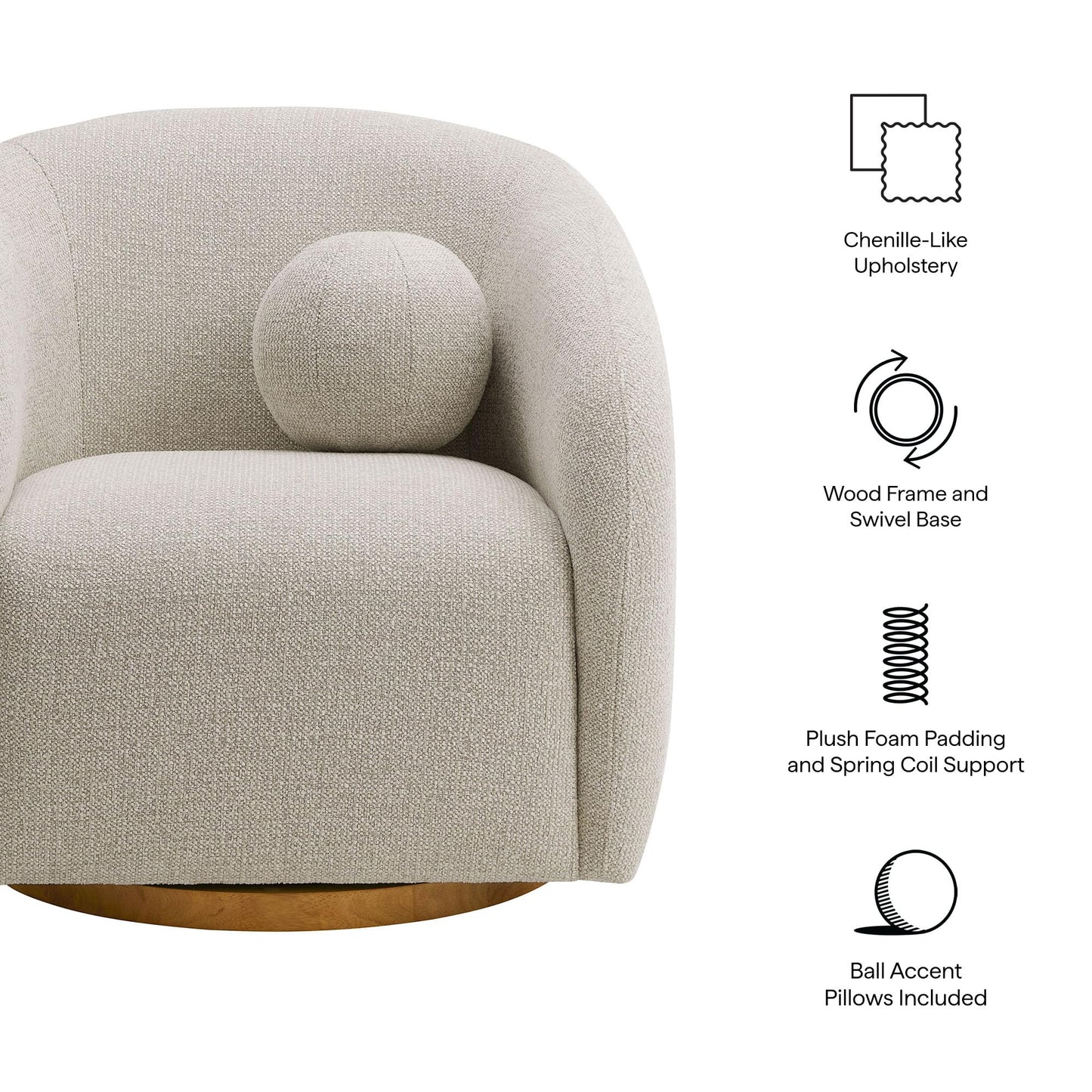 Modway Holland Curved Swivel Armchair in Dove Gray – Chenille Fabric Barrel Chair with Ball Throw Pillow and Wood Base – Mid-Century Modern Curved Living Room Accent Chair