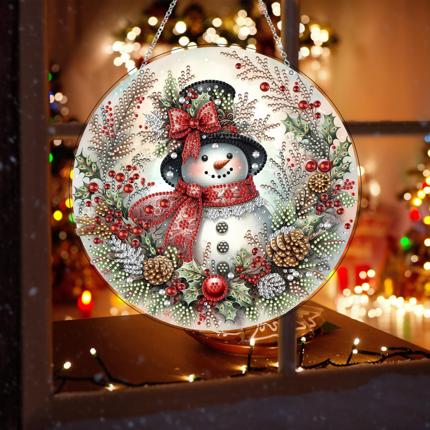 JJFox Diamond Art Hanging Kit for Adult,Special Shaped Rhinestone,Double Sided DIY Acrylic 5D Diamond Art Painting Window Pendants Home Garden Wall Hanging Kits Hanging Ornament (Christmas Snowman)