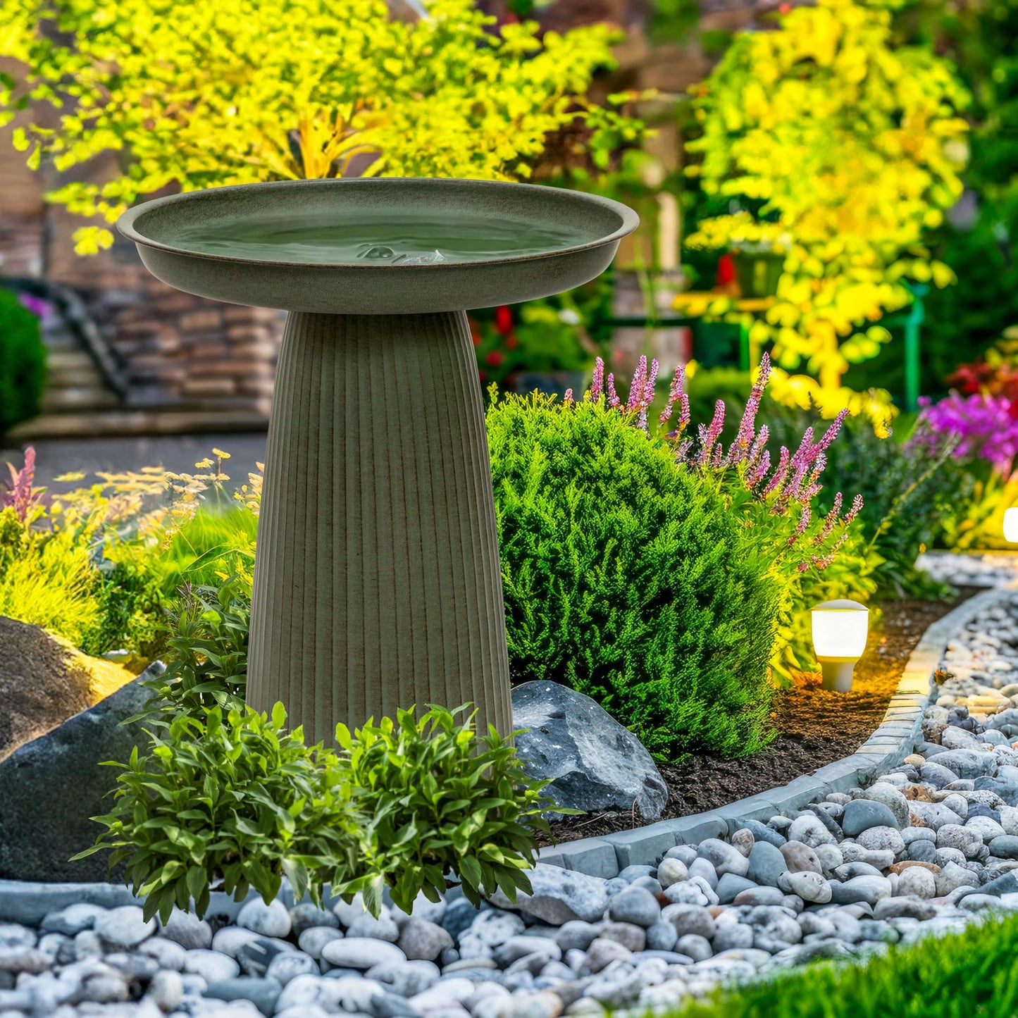 Sunnydaze Gleeful Garden 23" Iron Pedestal Bird Bath for Outside - Modern Shallow Basin Birdbath for Outdoors with UV-Protected Rust-Resistant Finish for Patio, Garden, Yard Decor - Matte Green