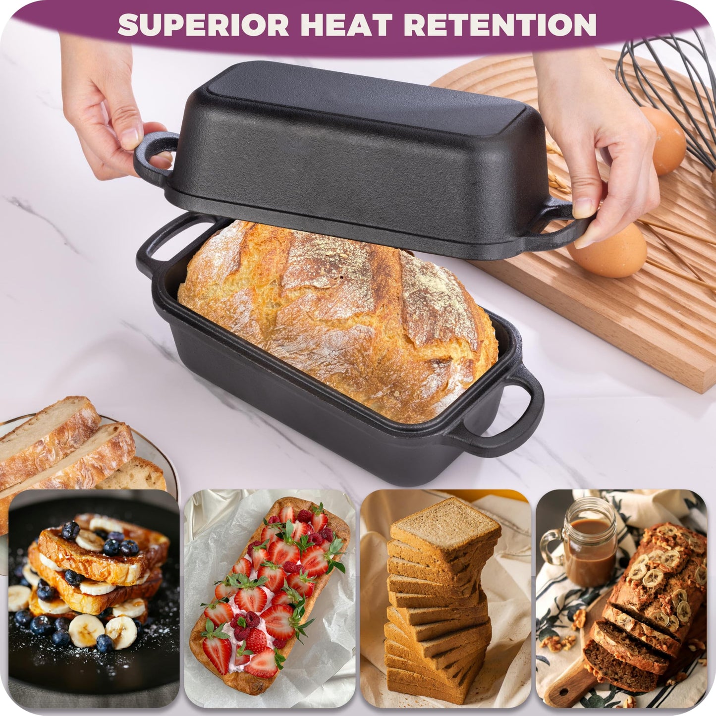Vanderlume Cast Iron Loaf Pan with Lid 9x5 Inch, 2 in 1 Loaf Pans for Baking Bread, Even Heat Distribution for Sourdough, Homemade Bread