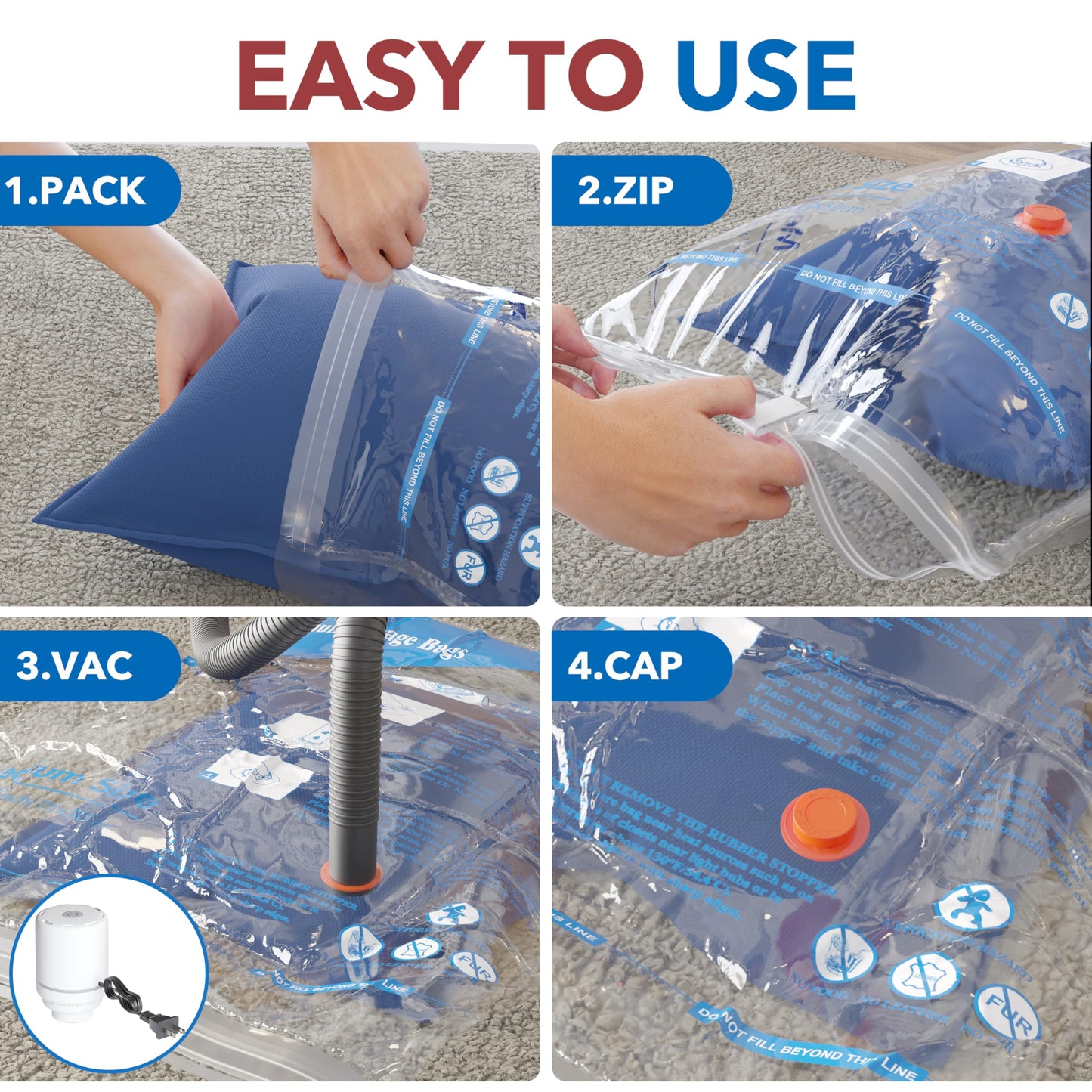 Vacuum Storage Bags with Electric Air Pump 8 Combo (2 Jumbo/2 Large/2 Medium/2 Small), Plastic Packaging Bags,Travel Vacuum Bags For Luggage,Clothes, Pillows, Comforters, Blankets, Bedding