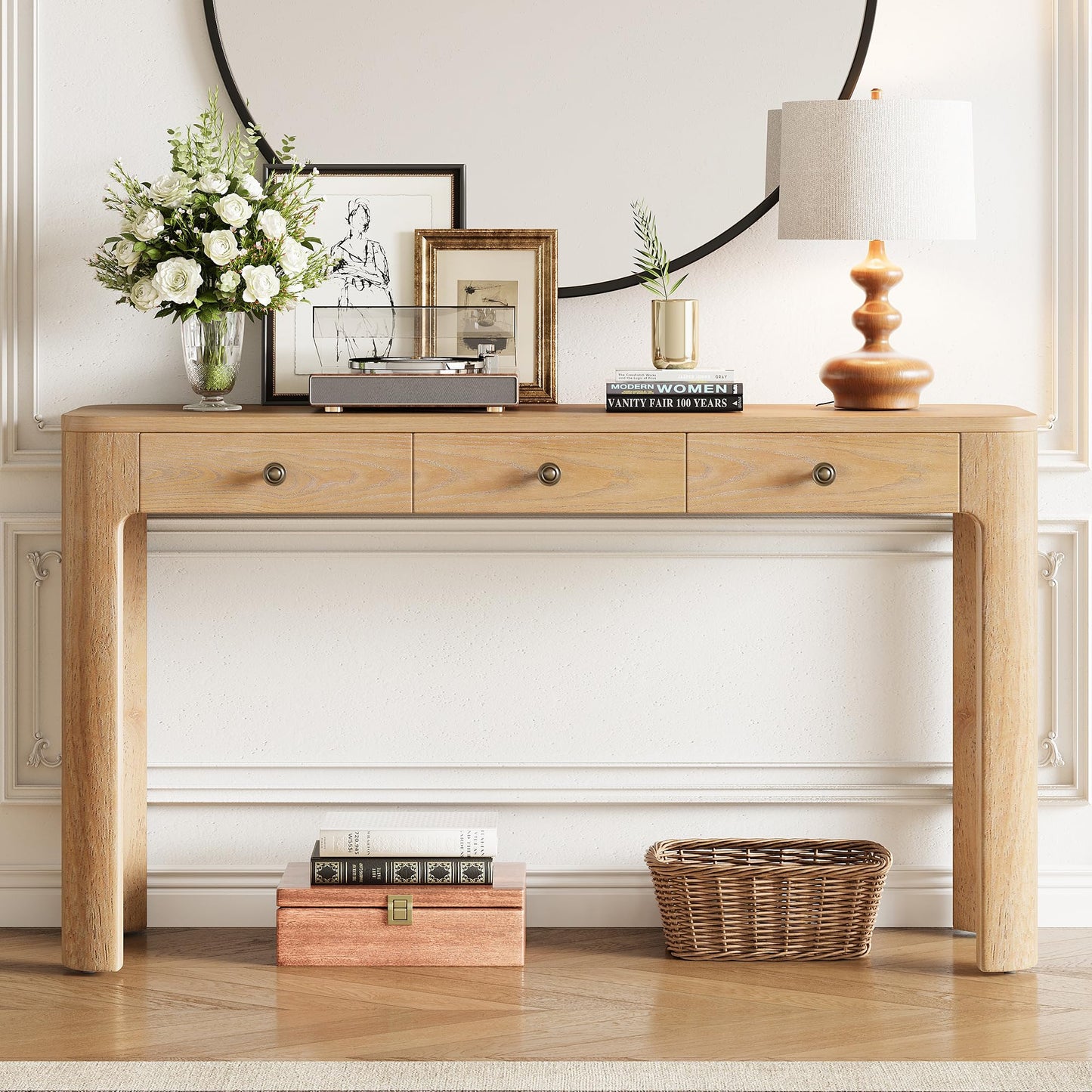 Merax 52" Console Table with 3 Drawers, Rustic Entryway Table with Curved Corners, Narrow Long Sofa Table for Living Room, Hallway, Entrance, Behind Couch, Foyer, Sturdy Thick Legs, Light Oak