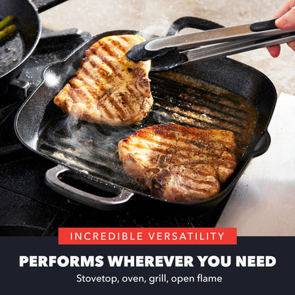 GreenPan x Bobby Flay Cast Iron 11” Square Grill Pan, Pre-Seasoned Professional Grade Heavy Duty Skillet, Helper Handles, Induction Suitable, Stovetop, Oven, BBQ & Fire, Indoor & Outdoor Use, Black